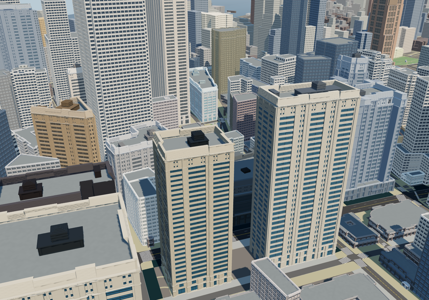 An interactive urban design study with buildings of different heights and detailed facades.