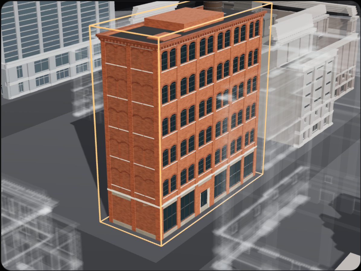 The same six-bay building rendered in three styles: brick warehouse, glass office and residential with balconies.