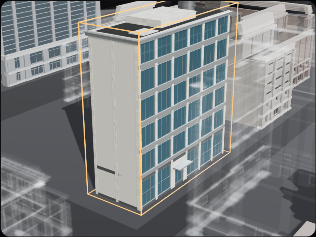 The same six-bay building rendered in three styles: brick warehouse, glass office and residential with balconies.