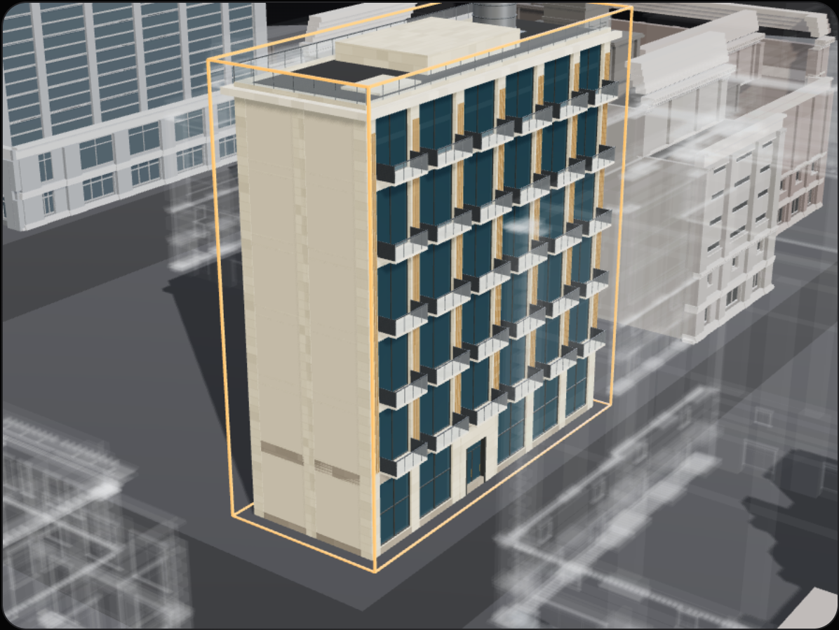 The same six-bay building rendered in three styles: brick warehouse, glass office and residential with balconies.