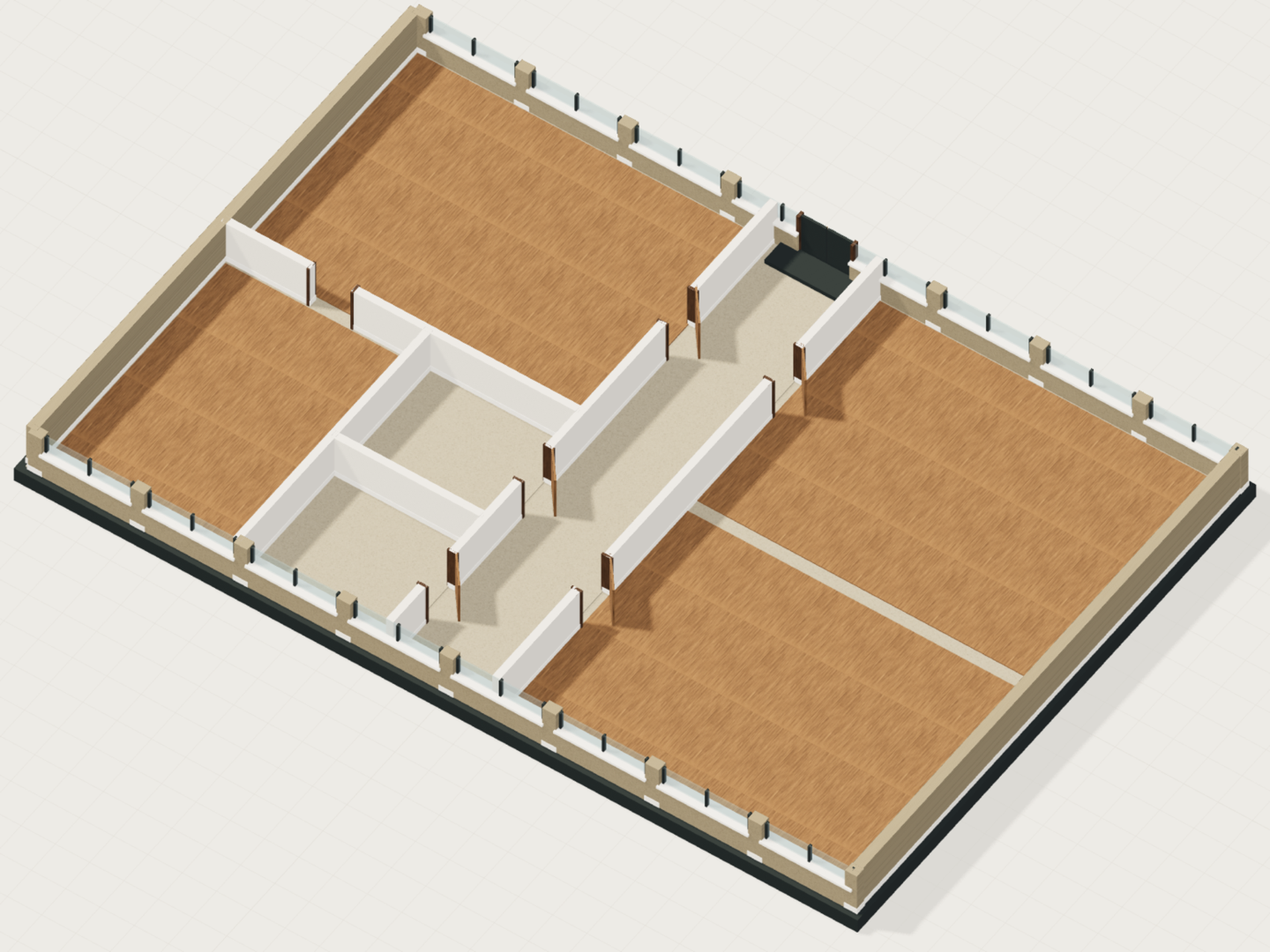 An architectural cutaway with rooms, doors, windows and material finishes.