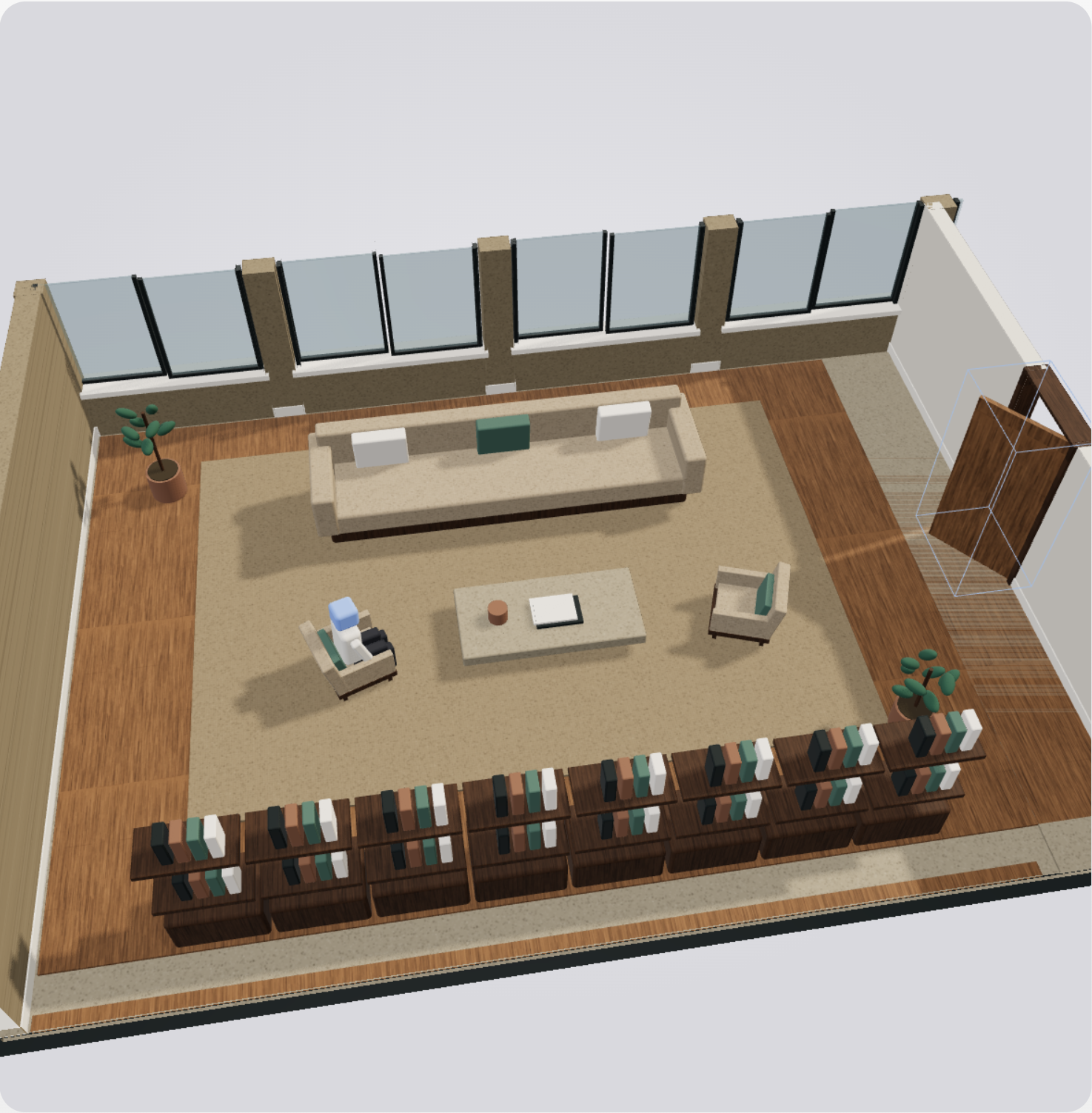 A living room of the interior design study, close up, with an armchair selected and its data card.